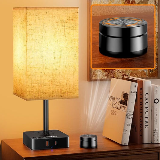 Bedroom Table Lamp with Remote Operation Control,Dimmable Bedside Table Desk Lamps with USB C+A Charging Ports 2 AC Outlets,Nightstand Lamp Flaxen Shade Lamp for Living Room,Dorm,Home Office,Decor
