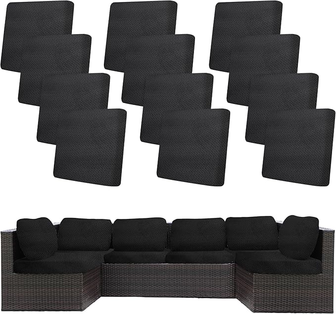 12Pcs Stretch Patio Cushion Covers,Outdoor Couch Covers Replacement,Outdoor Couch & Sofa Slipcovers,for Patio Furniture Cushion Covers,Washable Reusable Furniture Protector (Black,Cover Only)