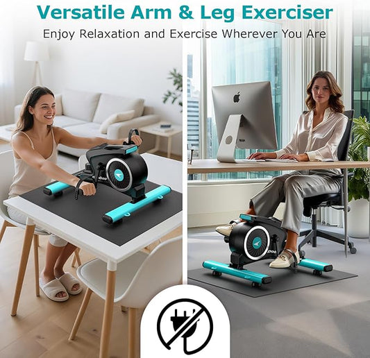 pooboo Under Desk Bike Pedal Exerciser, Quiet Magnetic Mini Exercise Bike with 16 Resistance Levels, Arm & Leg Workout, Resistance Bands & Non-Slip Mat for Home Office Therapy