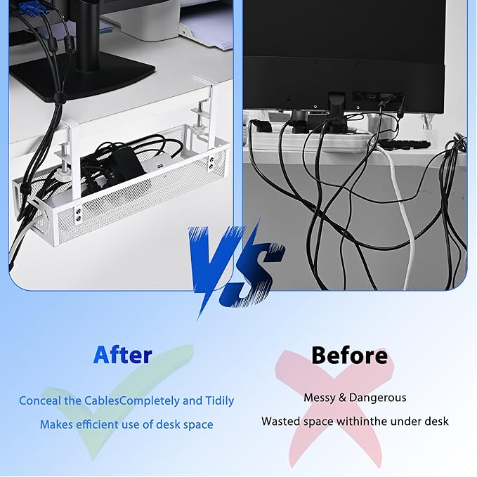 Under Desk Cable Management Tray – No Drill Cord Organizer & Power Strip Holder – Wire Cable Tray for Home Office Desk Setup (L-White)