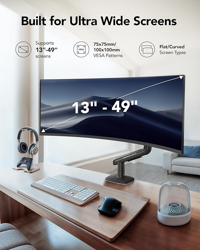 HUANUO Heavy Duty Monitor Arm for Ultrawide Screens up to 49", Holds 40 lbs,Aluminum Ultrawide Screen Desk Mount,Fully Adjustable Single Monitor Mount with C-clamp, Grommet Base, Max VESA 100x100