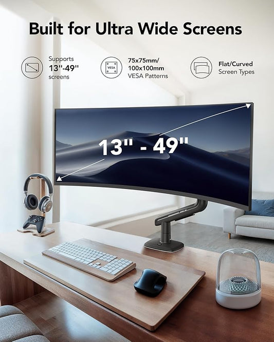 HUANUO Heavy Duty Monitor Arm for Ultrawide Screens up to 49", Holds 40 lbs,Aluminum Ultrawide Screen Desk Mount,Fully Adjustable Single Monitor Mount with C-clamp, Grommet Base, Max VESA 100x100