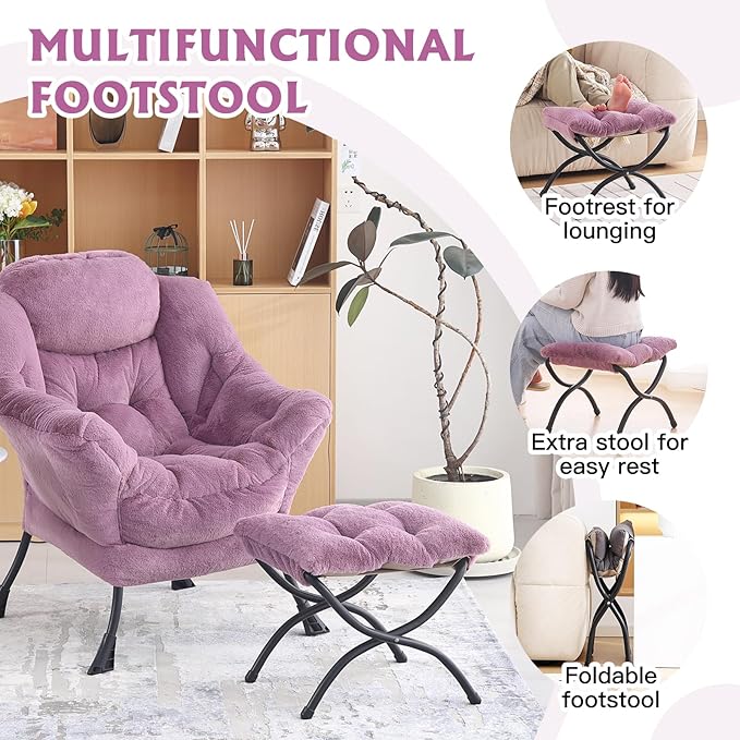 Welnow Folding Foot Stool, Upholstered Small Accent Ottoman with Detachable Thick Cotton Cushion Padded Sofa Stool and Metal Frame for Lazy Chair, Living Room, Bedroom, Plush Purple