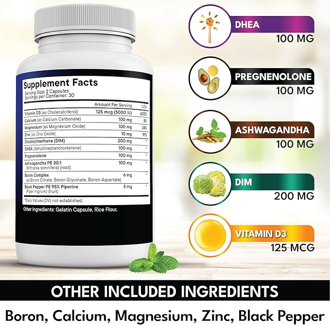 NEW AGE DHEA Supplement - Pregnenolone for Men & Women with DIM, Ashwagandha, Boron, Calcium, Magnesium, Zinc, Vitamin D3 5000iu - Support Capsules - 180 Count