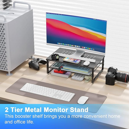 gianotter Desk Organizers and Accessories, 2-Tier Metal Monitor Stand Riser, Desk Organizer for Monitor, Office Desk Storage Organizer for Office Supplies (Black)