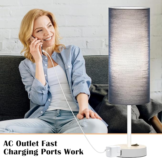 ZJOJO Table Lamp for Bedroom 2 Pack,18in Bedside Lamps with 3 Way Dimmable Rocker Switch & AC Outlet,Nightstand Desk Lamp with Blue Fabric Shade White Base for Living Room Home Decor Lights