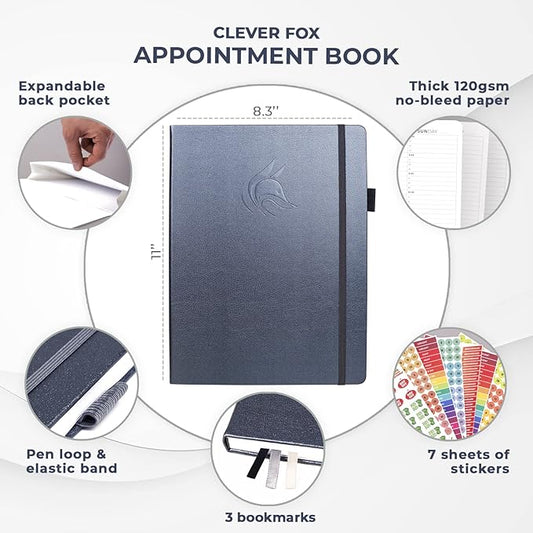 Clever Fox Appointment Book – Hourly Schedule Planner with 15-Minute Increments – Time Box Planner for Daily Work & To-Dos – Weekly & Monthly Spreads, Undated, Hardcover, 8.3x11″ (Silver Black)