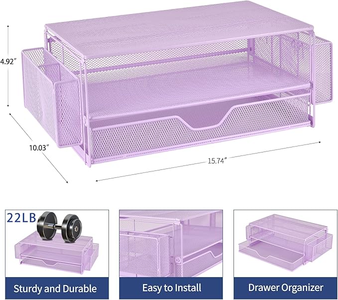 AUPSEN Computer Monitor Stands Riser,2-Tier Desk Organizers and Accessories, Office Desk Accessories Organizer with Drawers and 2 Pen Holder for Office Supplies (Purple)