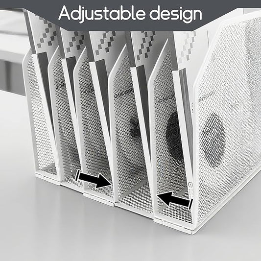 Adjustable Desk File Organizer,Detachable Office Folder Organizer,Compact Vertical Desk File Holder,Wrought Iron Paint,Suitable for Home, School, Office Classrooms (White - 5 grids)