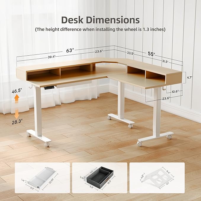 YDN Dual Motor 63" L Shaped Standing Desk with Drawers, Electric Height Adjustable Standing Desk with Monitor Stand & Splice Board, White Frame/Nature Top