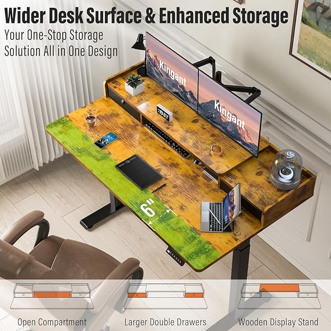 Kingant 48" x 30" Standing Desk with Drawers, Large Desktop, Ergonomic Sit Stand Desk for Home Office Work, Cable Management, 3 Preset Heights & 2 Hooks, Rustic Brown