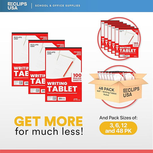 E-CLIPS USA Notepads, Ruled Writing Tablet, Note Pads 6 x 9, Small Notepads, Memo Pad, White, Chipboard Back, Writing Pad, Office Supplies, 100 Sheets Per Pad (12 Pack)