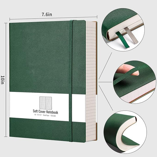 AHGXG Notebook College Ruled - 320 Numbered Pages Large B5 Thick Journal Lined Notebook for Work, 100gsm Thick Paper, Leather Softcover, for Women Men Work School, 7.6'' X 10''-Green