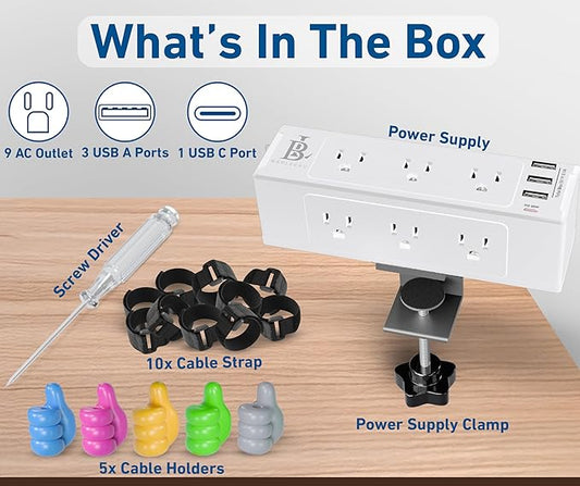 Desk Clamp Power Strip with USB C (20W PD) & USB A, 9 AC Outlets, Surge Protector, Flat Plug, 6.5ft Extension Cord – Desk Mount Power Station with Cable Management Kit for Home & Office– White