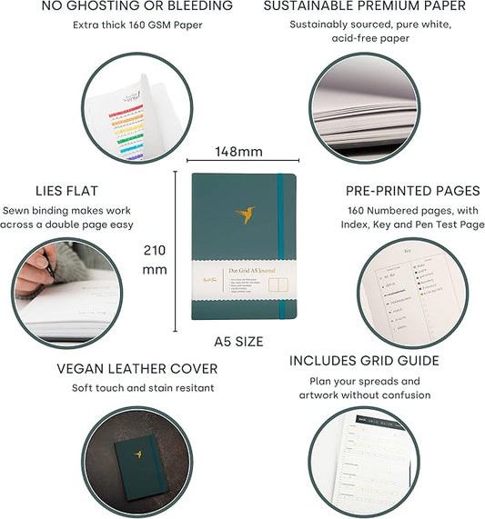 Yop & Tom Dot Grid Journal - Hummingbird - A5 Notebook with Extra Thick Paper (160 GSM) and Lay-Flat Binding - Bullet Grid Journal - Deep Ocean