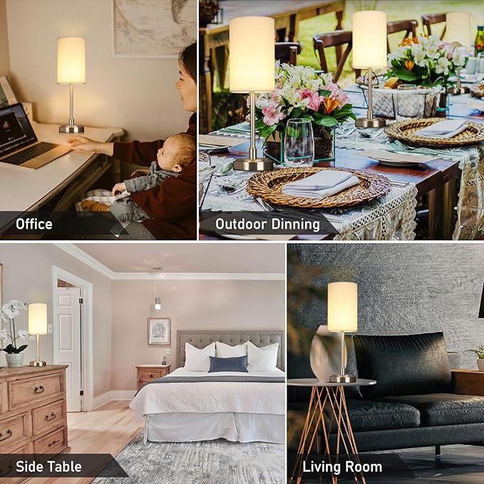 Small Cordless Touch Lamps for Nightstand Lamp Battery Operated Rechargeable Lamp, Portable 3 Colors Stepless Dimmable Fabric Shade Night Light for Restaurant/Bedroom/Outdoor (White+Nickel)