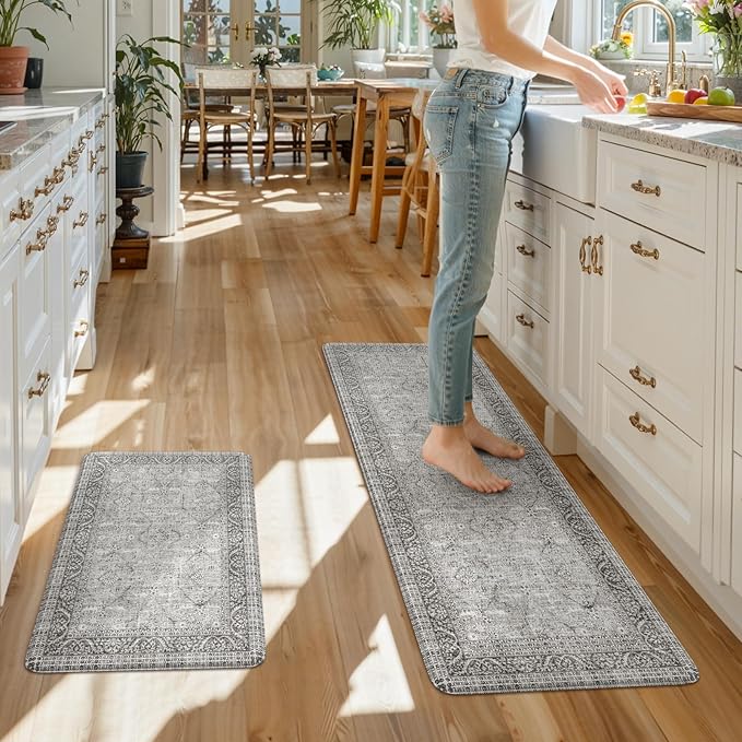 KIMODE Anti Fatigue Kitchen Mat 2PCS,Waterproof Farmhouse Kitchen Rugs Non-Slip,Vintage Grey Kitchen Mat for Floor,Cushioned Comfort Foam Standing Mat for Laundry,Office,Sink,Desk