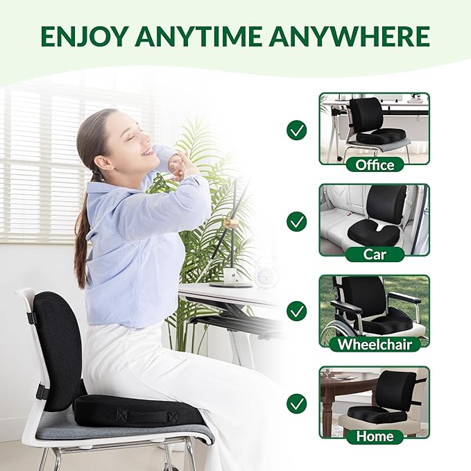 Seat Cushion & Adjustable Lumbar Support Pillow Set,Charcoal Memory Foam for Sciatica,Back & Tailbone Pain Relief,Washable Cover & Non-Slip,Ergonomic for Office Chair,Car,Wheelchair -Black