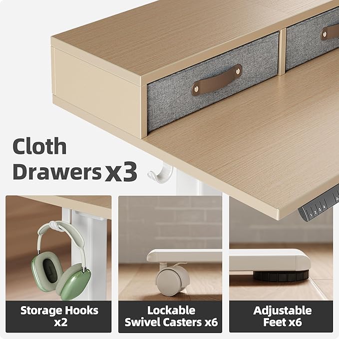 YDN Dual Motor 63" L Shaped Standing Desk with Drawers, Electric Height Adjustable Standing Desk with Monitor Stand & Splice Board, White Frame/Nature Top