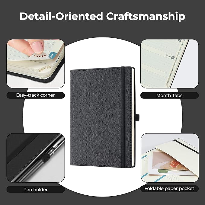 Weekly Monthly 2026 Planner (Jan.26-Dec.26),8.5"x6.5",12 Months Agenda Plan with Month Tabs & Pocket,Expenses/Note Pages, Appointment Book Calendar with Hardcover Vegan Leather Cover,Black