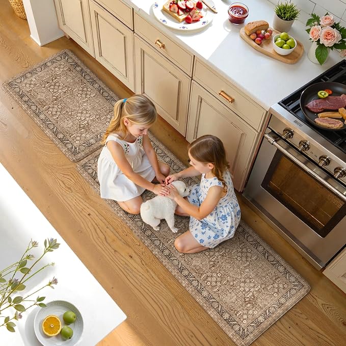 KIMODE Farmhouse Anti Fatigue Kitchen Mat, 17"x59"+17"x29" Vintage Kitchen Rugs, Waterproof Kitchen Floor Mats Non Slip, Comfort Foam Standing Mat for Sink, Laundry, Office, Desk Brown