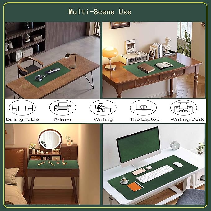 Large Faux Leather Desk Mat 31.5"x15.7" - Non-Slip Waterproof Mouse Pad with Heat-Resistant Surface for Office, Gaming & Home Use (Retro Green)