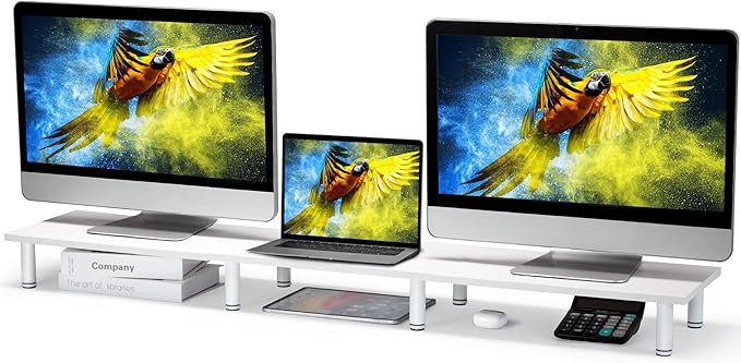 47 Inch Extra-Long Dual Monitor Stand Riser for 2 Monitors, Desk Shelf TV Riser Blocks, Wood and Steel Desktop Riser for Computer, Laptop, Printer, Home Office Organization, White