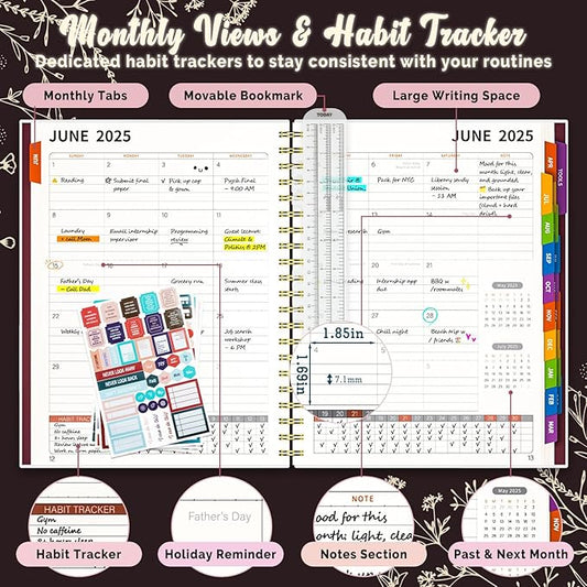 Jun 2025-Dec 2026 Academic Monthly Weekly Daily Planner for School, 19 Months Calendar 25-26 Planning Book with Colorful Tabs, 8.5" x 11" Mid Year College Organizer for Student Teacher (Bordeaux)