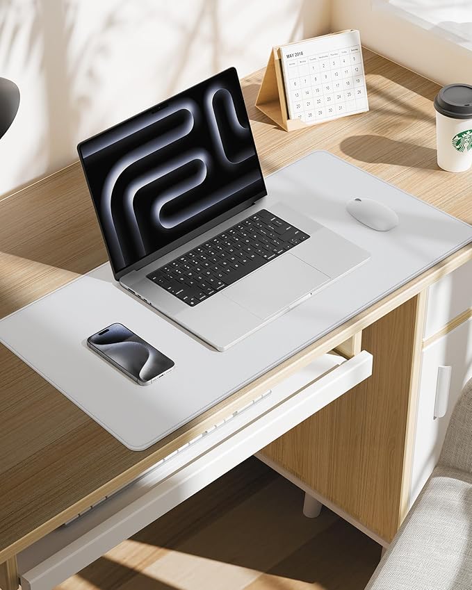 Non-Slip Desk Pad,Mouse Pad,Waterproof PVC Leather Desk Table Protector,Non-Slip PU Leather Desk Blotter, Easy Clean Laptop Desk Writing Mat for Office Work/Home/Decor(White, 24" x 13.7")