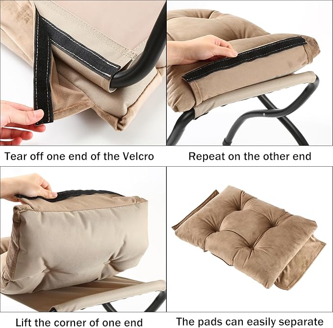 15" Foldable Foot Stool Ottoman with Metal Frame - Washable Khaki Upholstered Indoor/Outdoor Footrest for Living Room, Bedroom, Patio - Space-Saving Compact Design