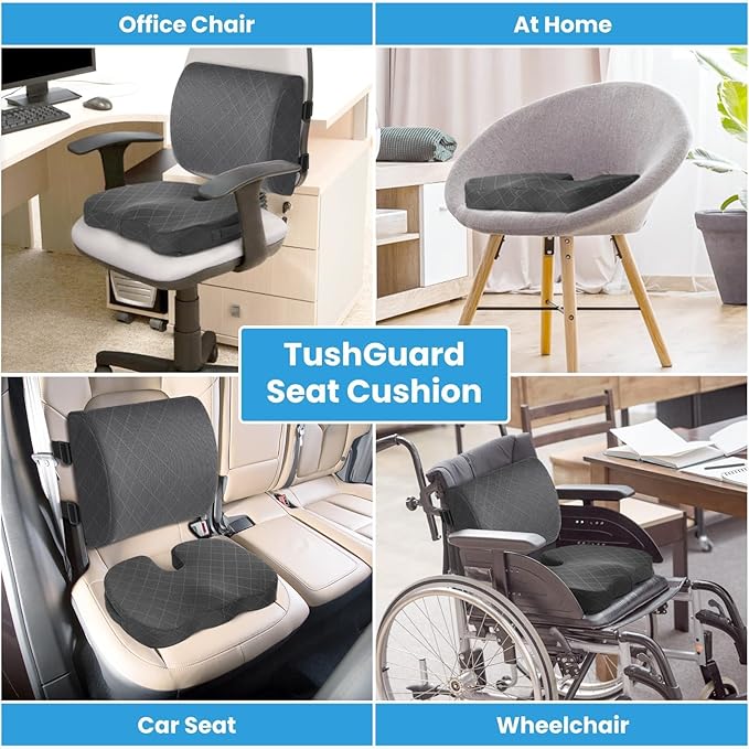 TushGuard Office Chair Cushions with Handles, Back&Seat Cushion, Sciatica & Back Coccyx Tailbone Discomfort Easing Chair Pad, Memory Foam Lumbar Support Pillow for Gaming, Desk, Car (Grey, X-Large)