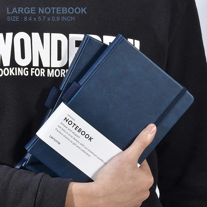 Thick Classic Notebook with Pen Loop - A5 College Ruled Hardcover Writing Notebook with Pocket + Page Dividers Gifts, Banded, Large, 180 Pages, 8.4 x 5.7 in