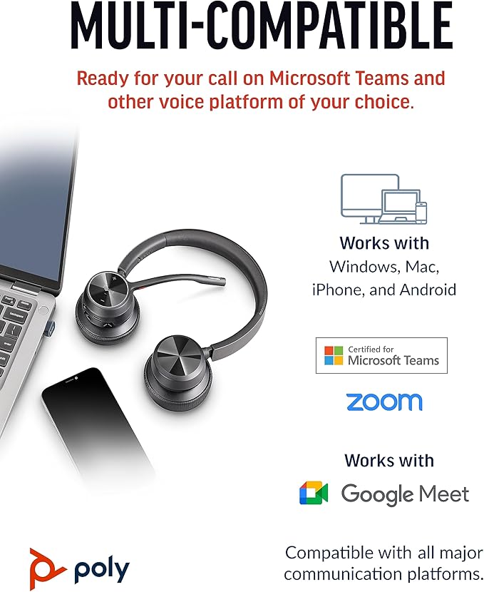Poly Voyager 4320 UC Wireless Headset, Bluetooth Headphones with Mic - Noise-Canceling Boom Mic - Connect to PC via USB-C to USB-A Adapter, Cell Phone via Bluetooth - Microsoft Teams Certified