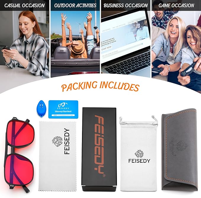 FEISEDY Sleep Blue Light Glasses for Woman Men 99.9% Computer Gaming Red Lens Eyeglasses Reduce Eyestrain G2835
