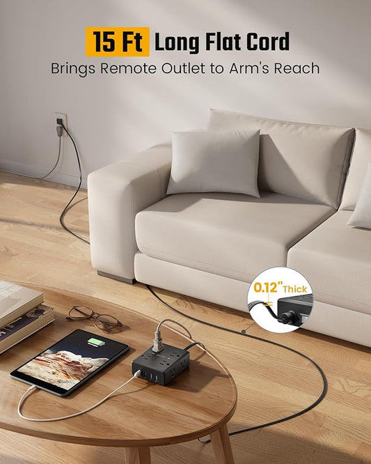15Ft Extension Cord with Multiple Outlets, Flat Plug Power Strip Surge Protector with 15 Ft Long Cord, 8 Outlet 4 USB Ports (2 USB C), Desk Charging Station for Home Office, College Dorm Room