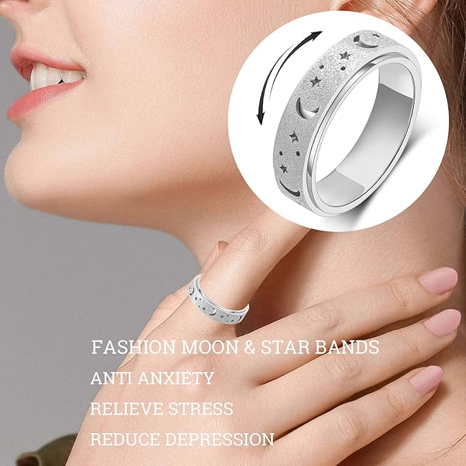 OreilleStar Anxiety Ring for Women Spinner Ring Stainless Steel Fidget Ring Fidget Toys Adults Spinner Rings Fidgit Ring Men Silver Size 8