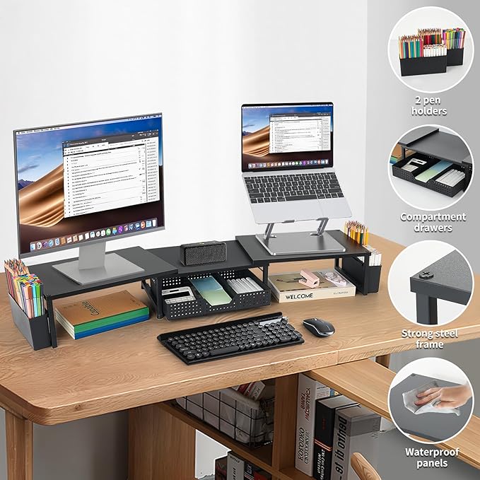 Desk Dual Monitor Stand Riser - Desk Organizer with Drawer and Pen Holders, Office Desk Accessories & Workspace Organization, Computer Monitor Stand for Laptop, Printer, TV(Black Wood)