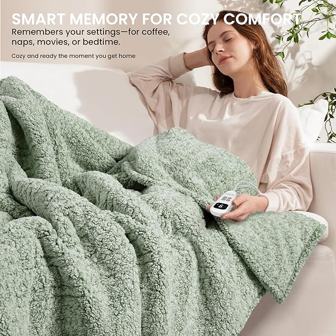 Electric Heated Blanket Twin 62x84 inches, Fast Heating w/ 10 Heat Settings & 2/4/8/10H Auto Timer, Double-Sided Sherpa, Ultra Soft & Cozy for Couch, Bed, Office, Machine Washable, Light Sage