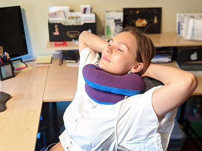 BCOZZY Travel Neck Pillow for Airplane– Patented Double Support for Head, Neck, and Chin. Best for Long Flights, Plane Sleeping, and Car Rides. Adjustable Size. Washable. Carry Bag. Large, Purple