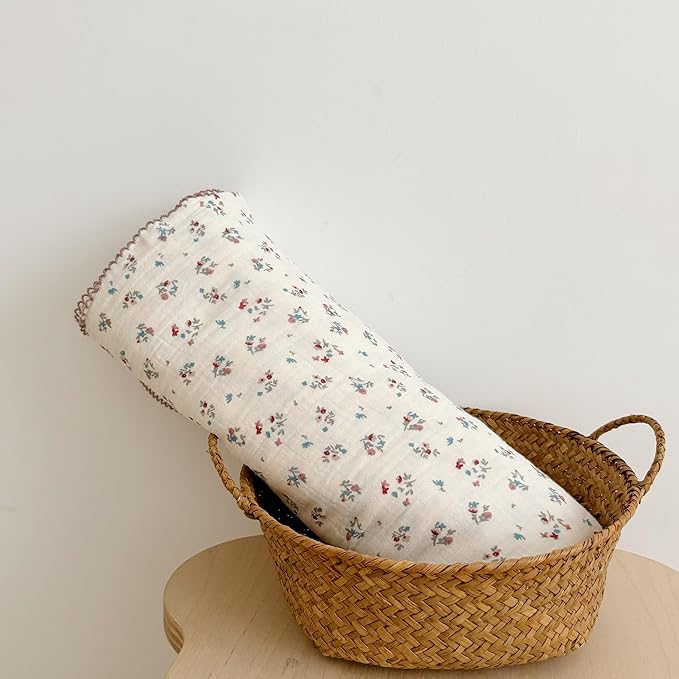 BuLuTu Cotton Muslin Blanket for Toddler Girls Boys 1 2 3 4 5 6 Year Old, Shabby Chic Floral Baby Blanket for Crib/Toddler Bed, 4 Layers Gauze Lightweight Toddler Quilt, 1 pc, 47"x51"