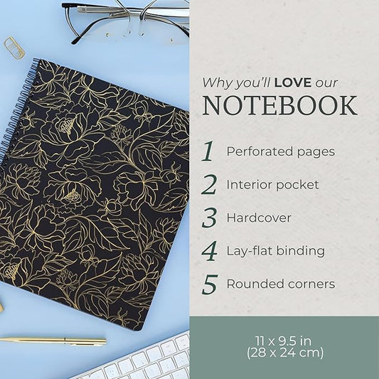 Steel Mill & Co Cute Large Spiral Notebook College Ruled, 11" x 9.5" with Durable Hardcover and 160 Lined Pages (Gold Floral)