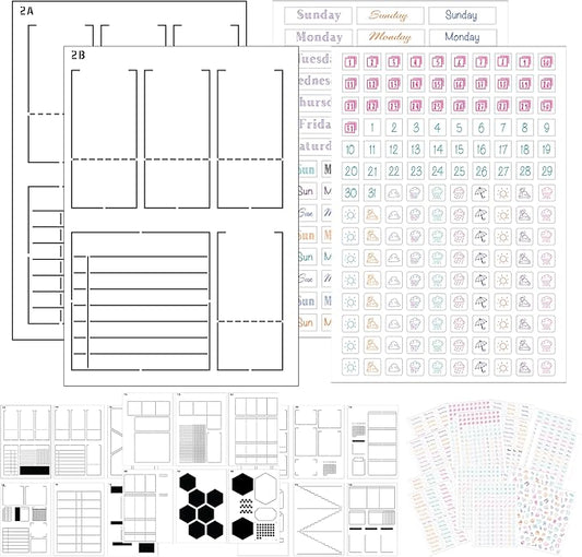 Weekly Planner Layout Journaling Supplies Kit (32 pcs) - 18 Weekly Layout A5 Planner Stencils and 14 Sheets Colorful Planner Stickers, Planner Accessories Compatible with A5 Bullet Journals