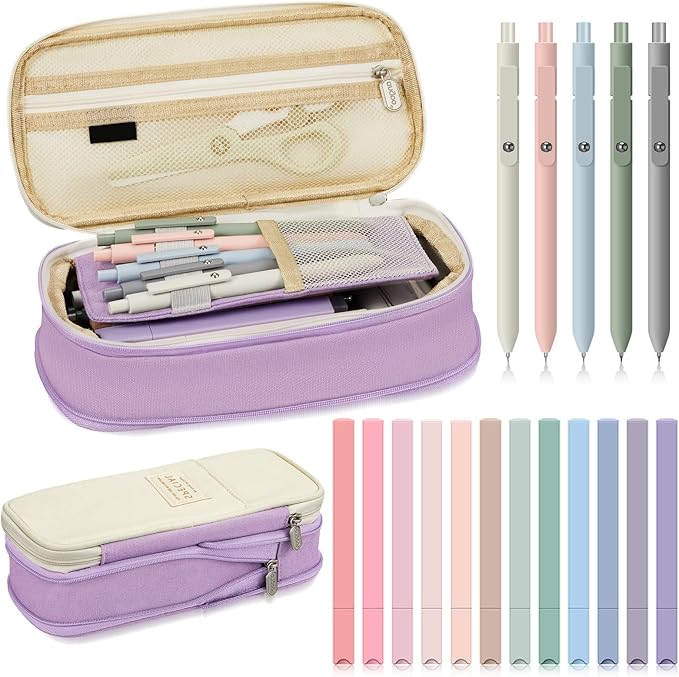 Henoyso 18 Set Aesthetic School Supplies Include Big Capacity Study Pen Bag with Zipper 12 Pcs Chisel Tip Bible Highlighters 5 Pcs Quick Dry Retractable Black Ink Pens for Student Office(Purple)