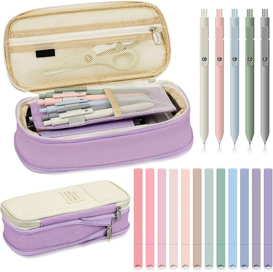 Henoyso 18 Set Aesthetic School Supplies Include Big Capacity Study Pen Bag with Zipper 12 Pcs Chisel Tip Bible Highlighters 5 Pcs Quick Dry Retractable Black Ink Pens for Student Office(Purple)
