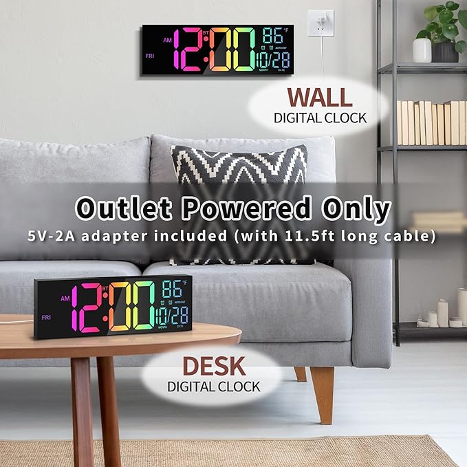 16.5" Large LED Wall Clock with Bluetooth Sync, Night Light, DST, 2 Alarms, RGB Color, Temperature, Remote Control, 12/24H, Timer for Living Room, Bedroom, Desk, Gift for Mother Father Elderly