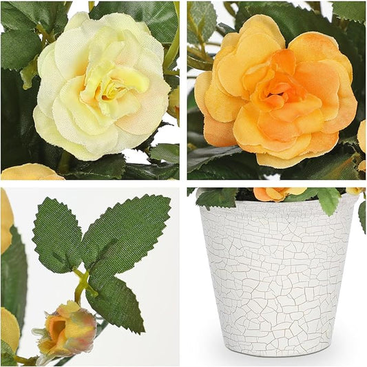 Hollyone Artificial Plants & Flowers in Vase Yellow Camellia Roses Small Faux Flower Plant Arrangement with Pot Fake Rose Flowers Home Decor Office Bathroom Shelf Desk Table Decoration