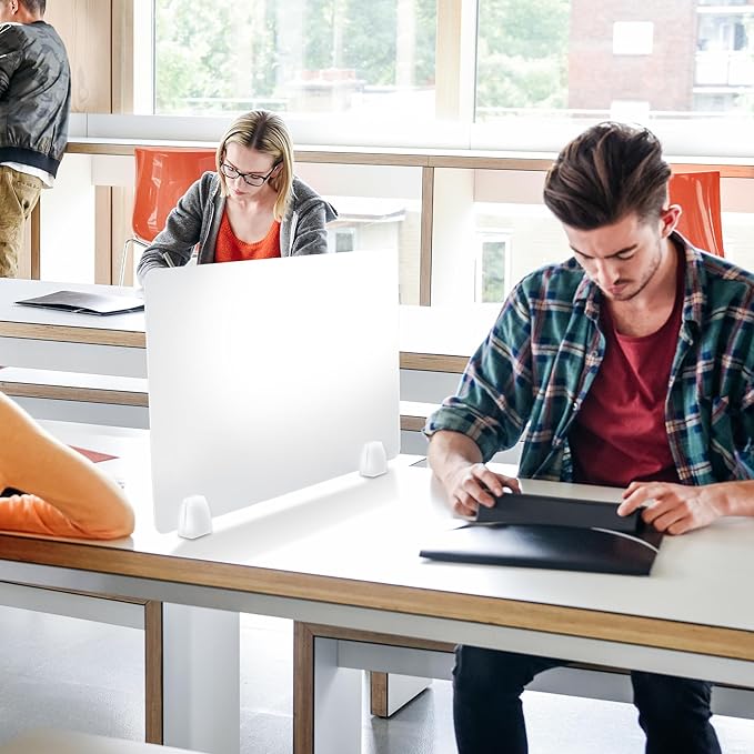 4 Pcs Desk Divider Privacy Panel 23.6 x 15.8 Inch Counter Desk Acrylic Panel Holder Free Standing Privacy Shield Work Station Desk Divider Partition for Offices Schools Call Centers (Frosting)