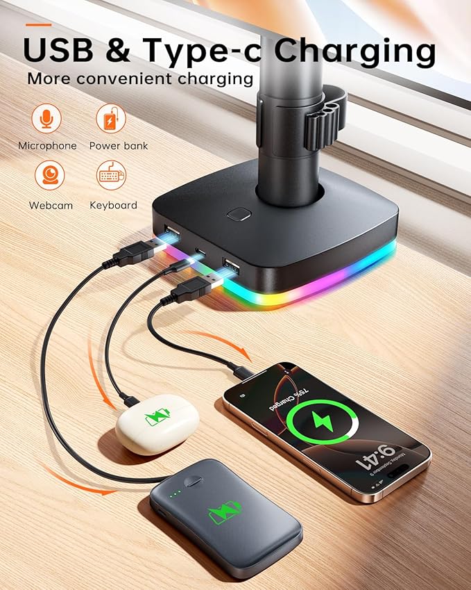 RGB Single Monitor Stand, Fully Adjustable Monitor Desk Mount Sturdy Stepped Arm Design up to 17.6lbs Desk Mount withRGB USB & USB-C High Speed Data Transfer C-Clamp 75x75/100x100 VESA