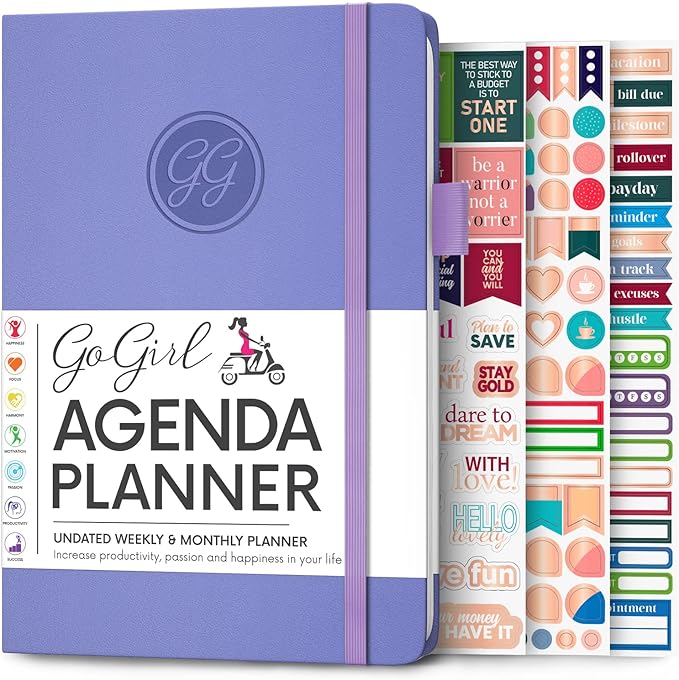 GoGirl Planner Agenda – Colorful Undated Monthly & Weekly Organizer for Women, Journal for Time Management & Productivity (Lavender)
