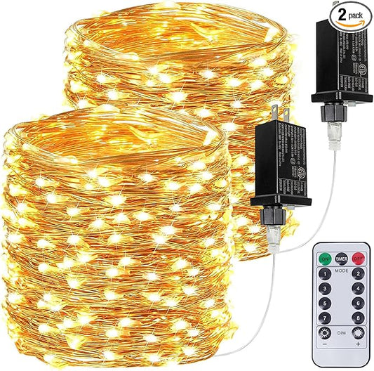 2Pack Each 66Ft 200 LED Fairy Lights Plug in with Remote, Waterproof String Lights Outdoor & Indoor, String Lights 8 Modes with Timer, Twinkle Light for Girl's Room Christmas Decorations (Warm White)